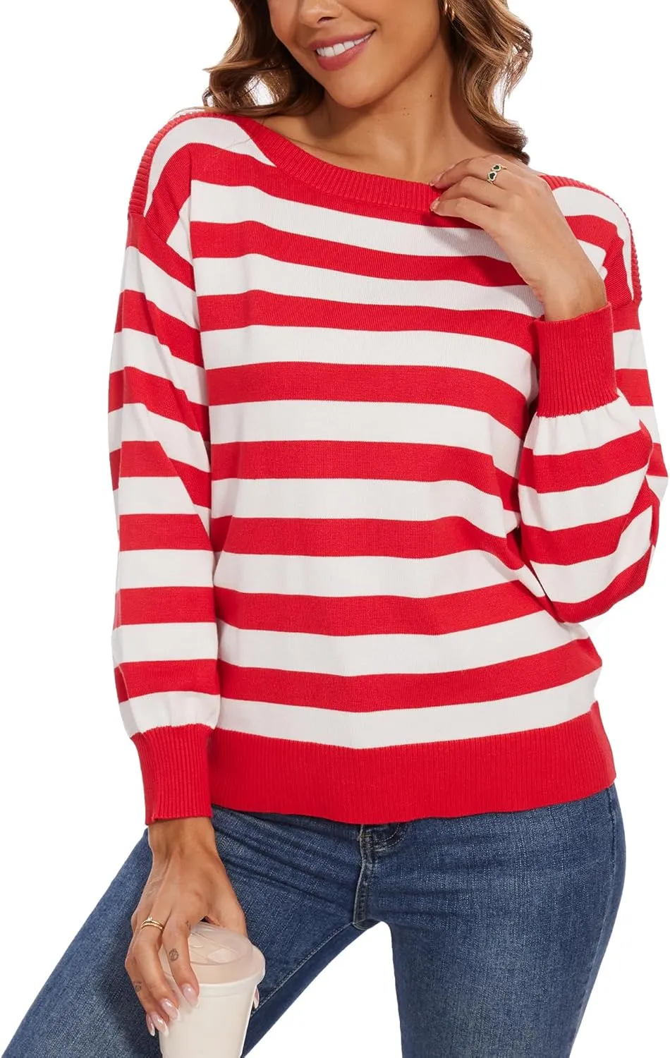 Women's Boat Neck Long Sleeve Sweaters Casual Lightweight Knit Pullover Tops Fall Winter Trendy