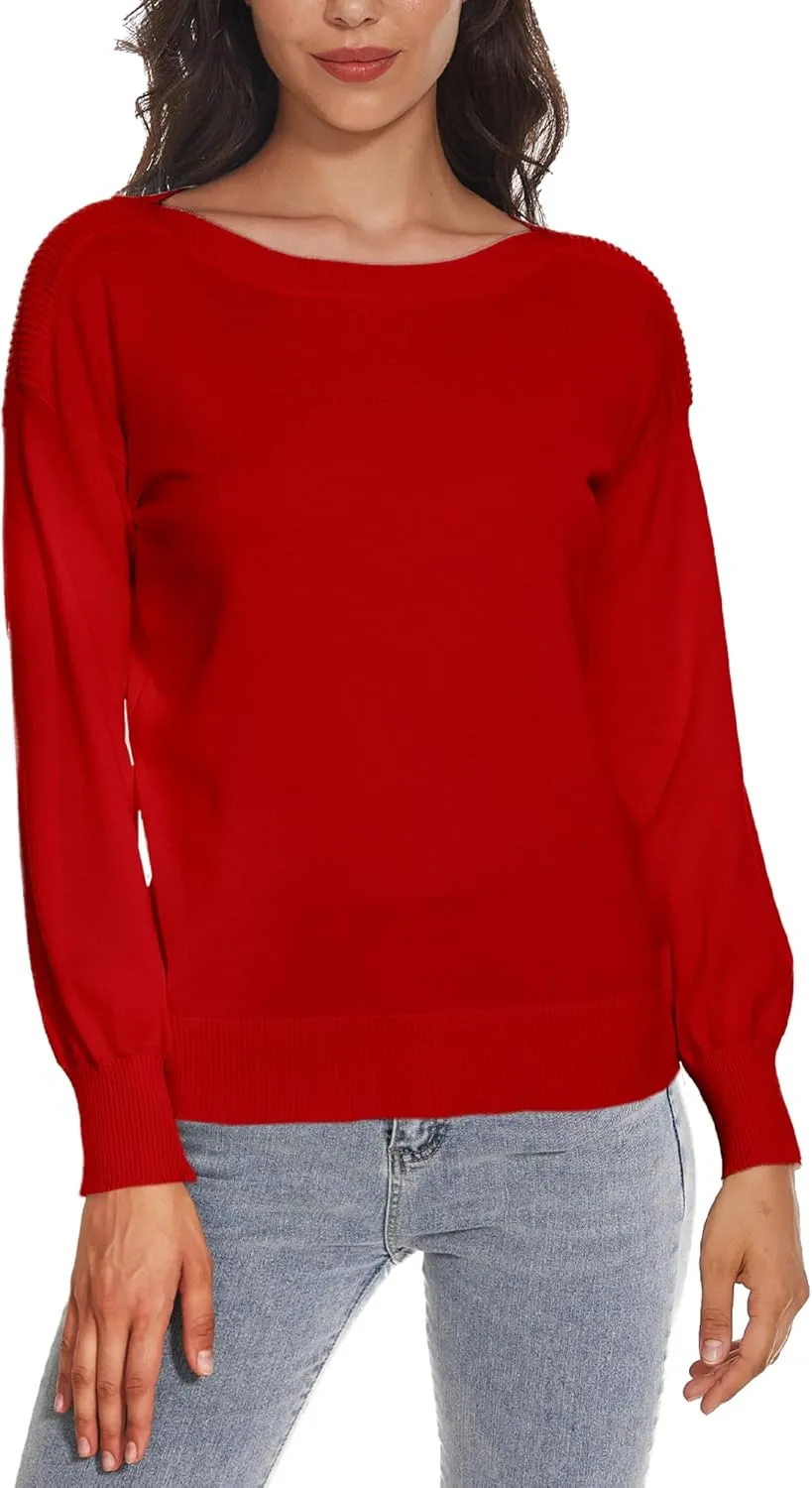 Women's Boat Neck Long Sleeve Sweaters Casual Lightweight Knit Pullover Tops Fall Winter Trendy