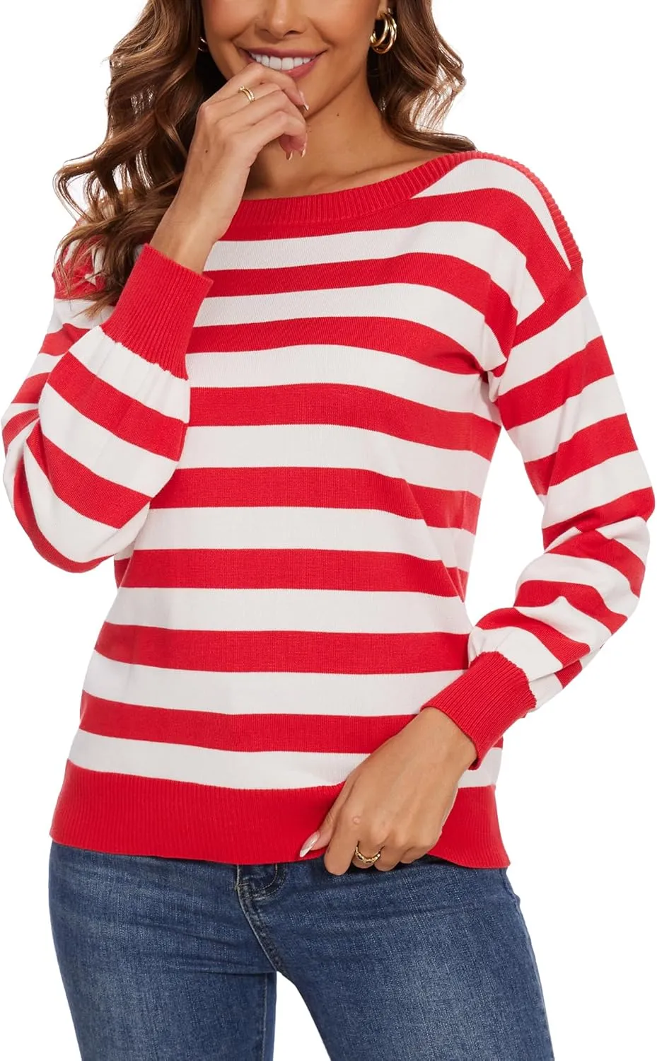 Women's Boat Neck Long Sleeve Sweaters Casual Lightweight Knit Pullover Tops Fall Winter Trendy
