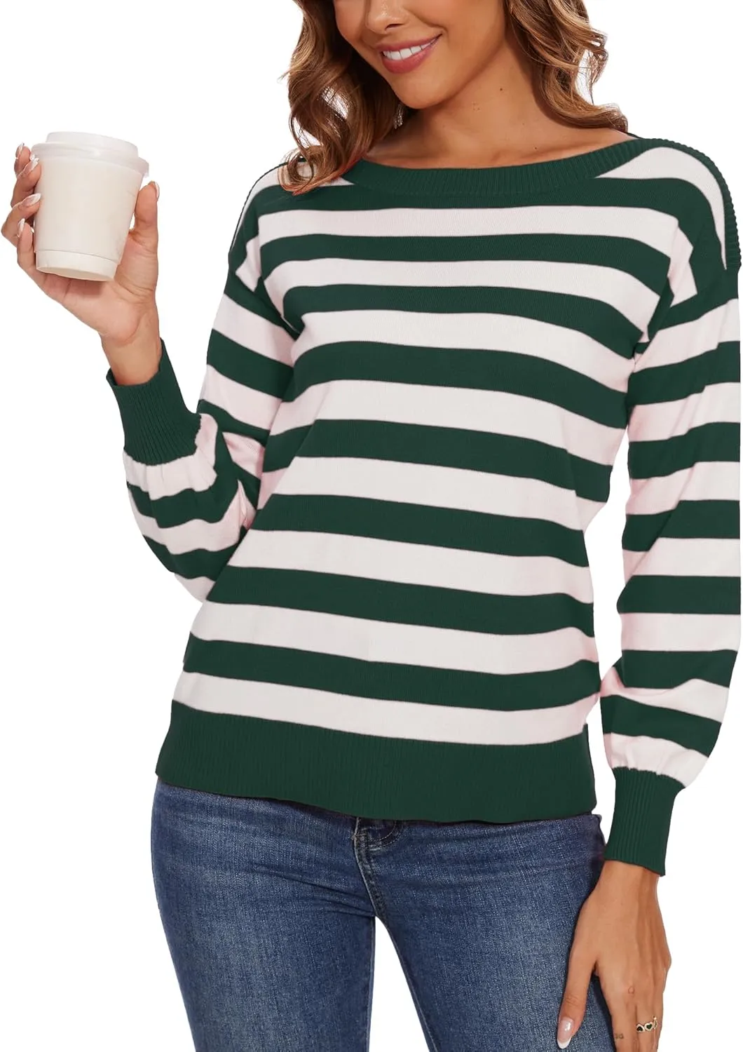 Women's Boat Neck Long Sleeve Sweaters Casual Lightweight Knit Pullover Tops Fall Winter Trendy