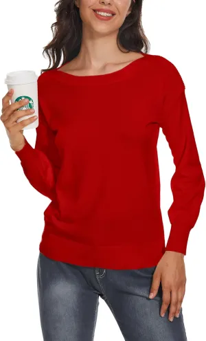 Women's Boat Neck Long Sleeve Sweaters Casual Lightweight Knit Pullover Tops Fall Winter Trendy