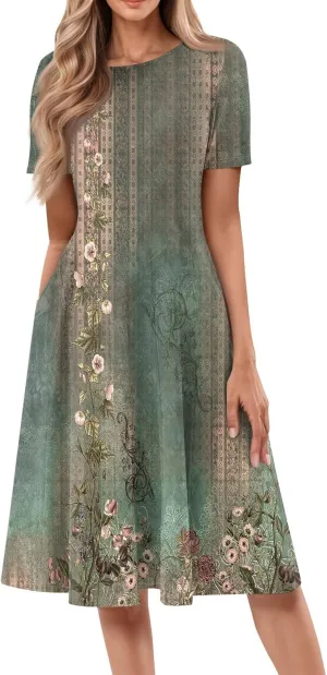 Women's Bohemian Short Sleeve Casual A Line Swing Flowy Midi Dress with Vintage Floral Print for Summer and Spring