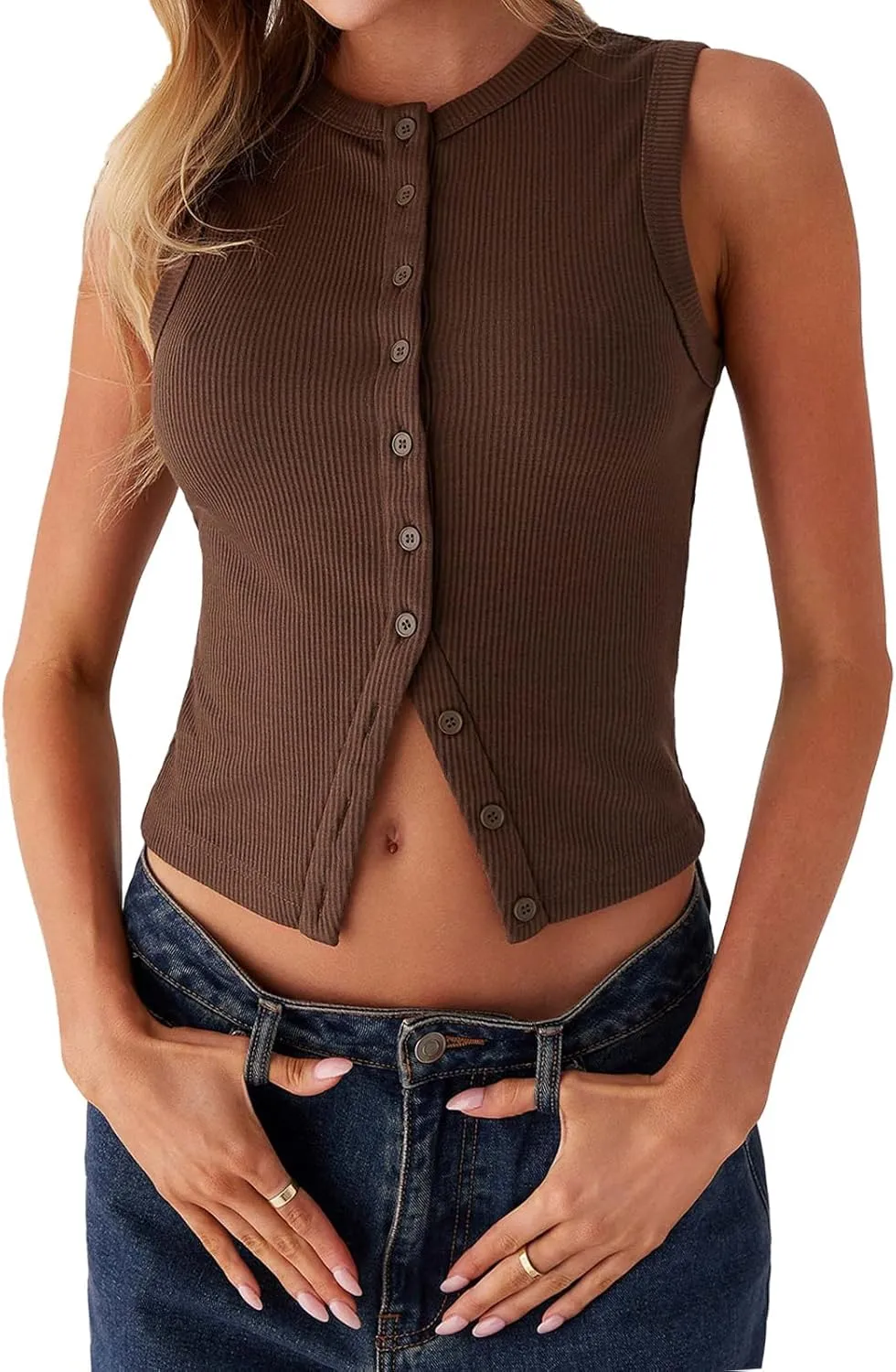 Women's Button Down Tank Tops Solid Ribbed Vest Sleeveless Slim Fit Cropped Cardigan Summer Going Out Tops