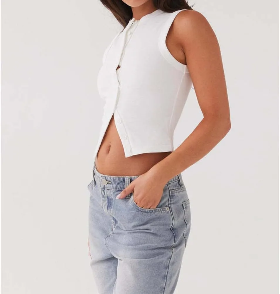 Women's Button Down Tank Tops Solid Ribbed Vest Sleeveless Slim Fit Cropped Cardigan Summer Going Out Tops