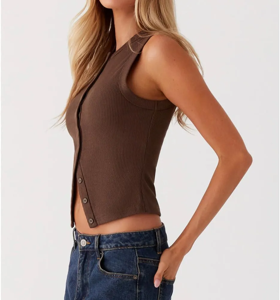 Women's Button Down Tank Tops Solid Ribbed Vest Sleeveless Slim Fit Cropped Cardigan Summer Going Out Tops