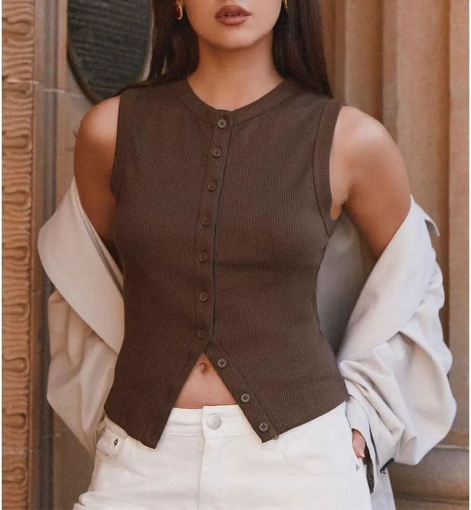 Women's Button Down Tank Tops Solid Ribbed Vest Sleeveless Slim Fit Cropped Cardigan Summer Going Out Tops