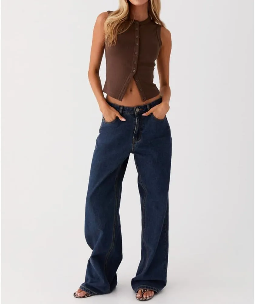 Women's Button Down Tank Tops Solid Ribbed Vest Sleeveless Slim Fit Cropped Cardigan Summer Going Out Tops