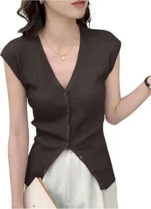 Women's Cardigan Sweater Vest Tops Cap Sleeve V Neck Button Down Tank Tops Knit Fall Outfits 2024