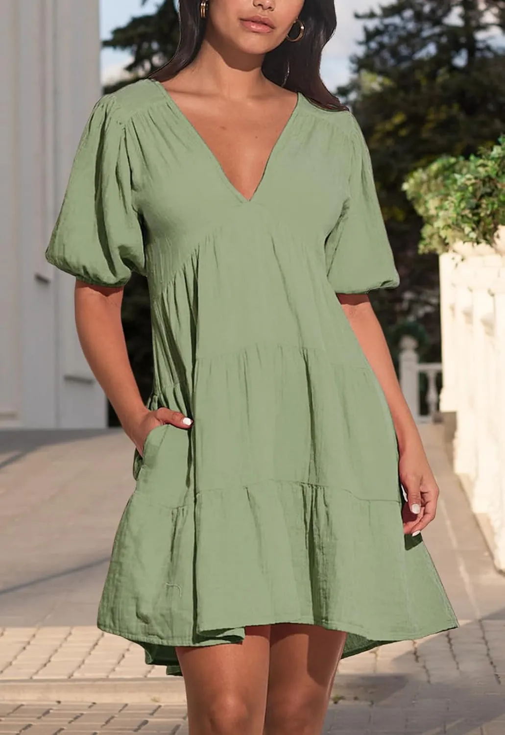 Women's Casual Dress Deep V-Neck Short Lantern Sleeve Tie Backless A Line Mini Dresses