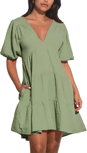 Women's Casual Dress Deep V-Neck Short Lantern Sleeve Tie Backless A Line Mini Dresses