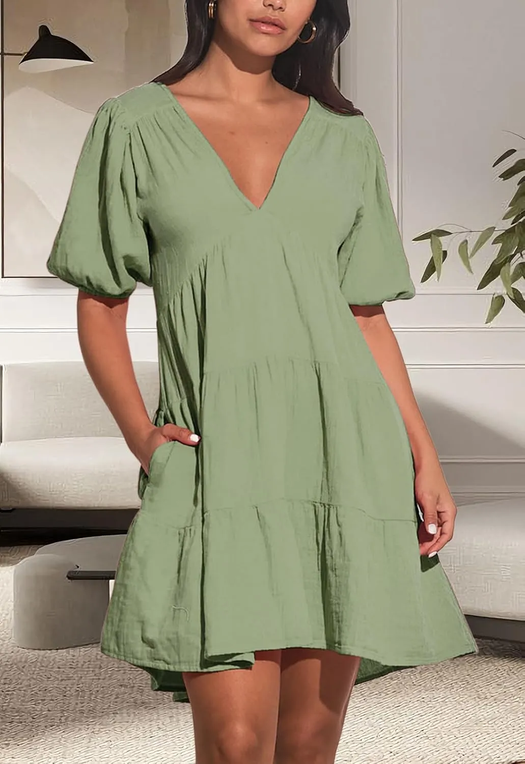 Women's Casual Dress Deep V-Neck Short Lantern Sleeve Tie Backless A Line Mini Dresses