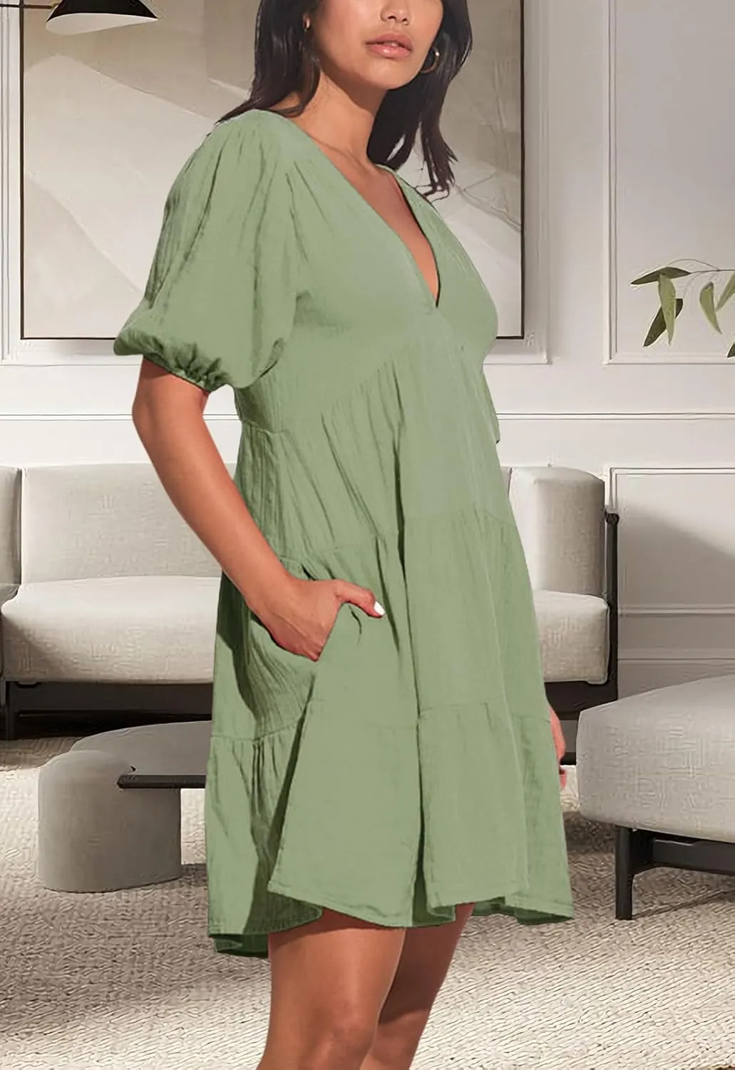 Women's Casual Dress Deep V-Neck Short Lantern Sleeve Tie Backless A Line Mini Dresses
