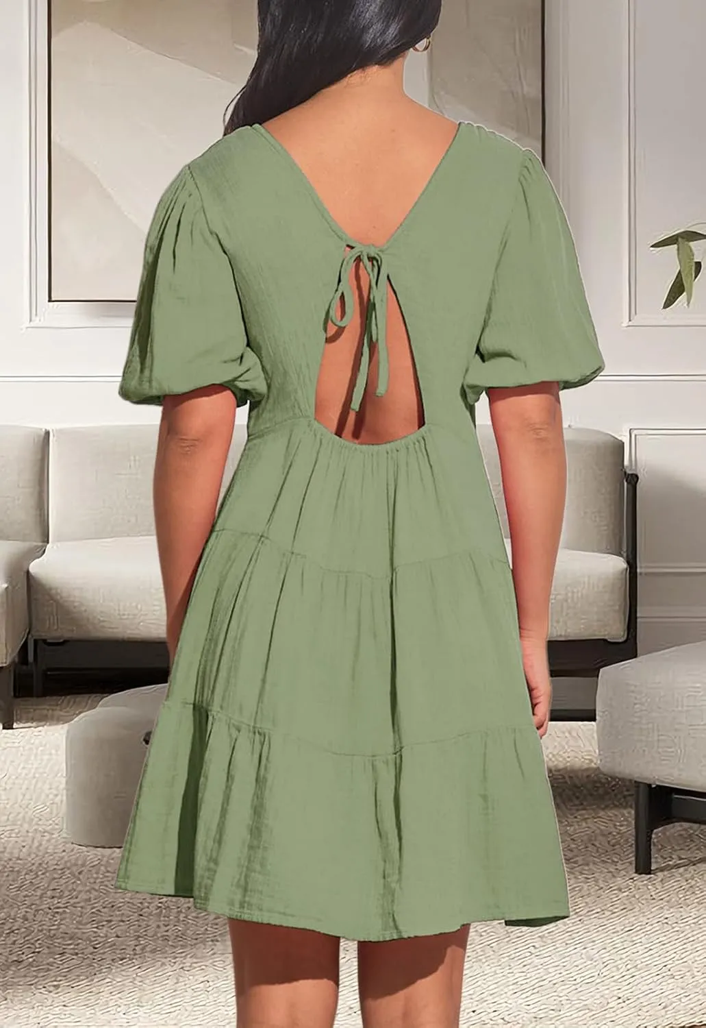 Women's Casual Dress Deep V-Neck Short Lantern Sleeve Tie Backless A Line Mini Dresses