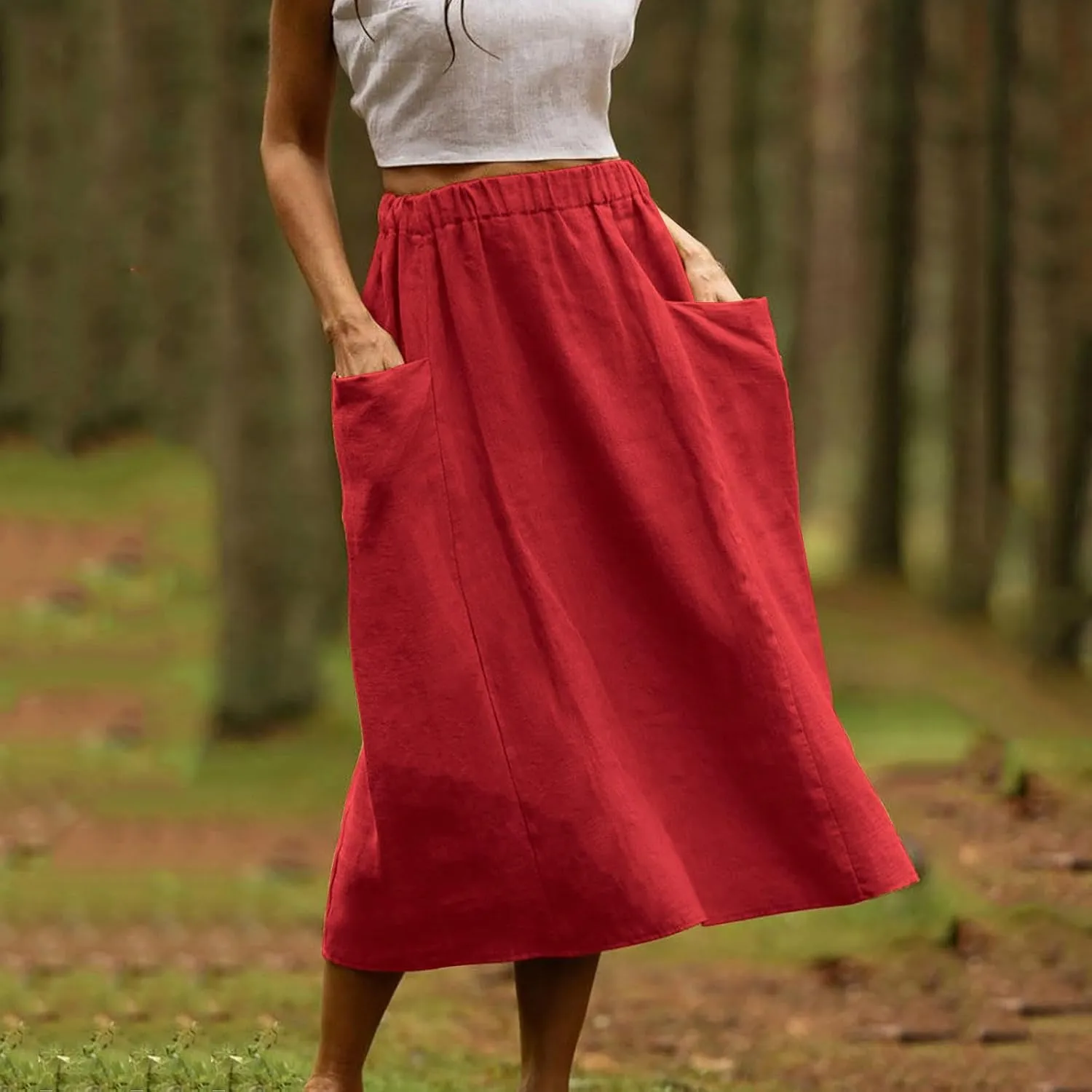 Women's Casual Linen Skirts Elastic Waist Midi Skirts A Line Pleated Skirts with Pockets Beach Flowy Boho Skirts