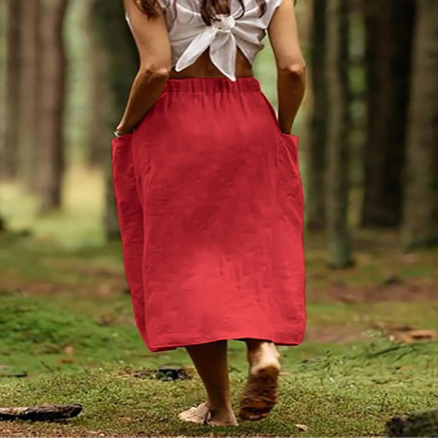 Women's Casual Linen Skirts Elastic Waist Midi Skirts A Line Pleated Skirts with Pockets Beach Flowy Boho Skirts