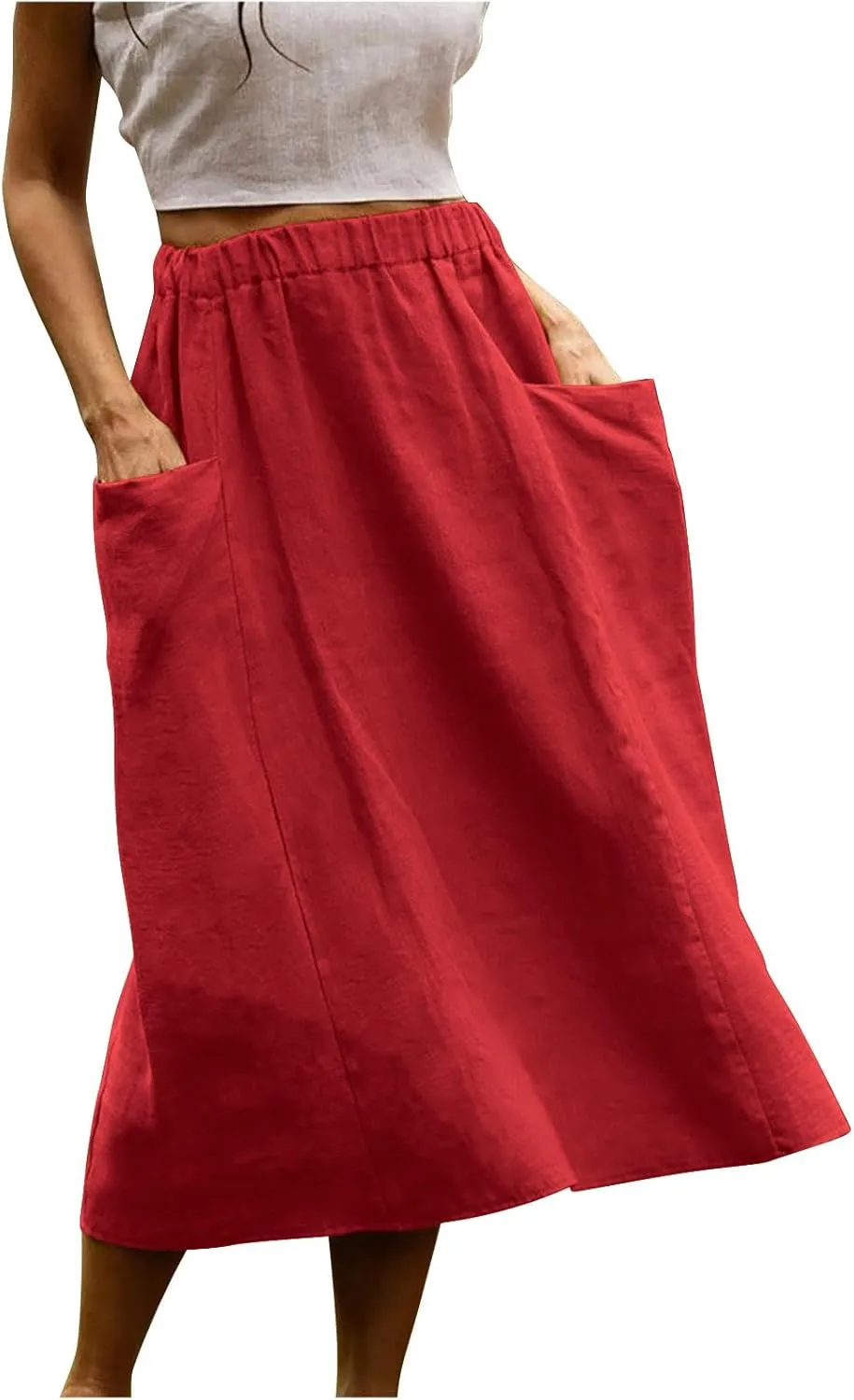 Women's Casual Linen Skirts Elastic Waist Midi Skirts A Line Pleated Skirts with Pockets Beach Flowy Boho Skirts