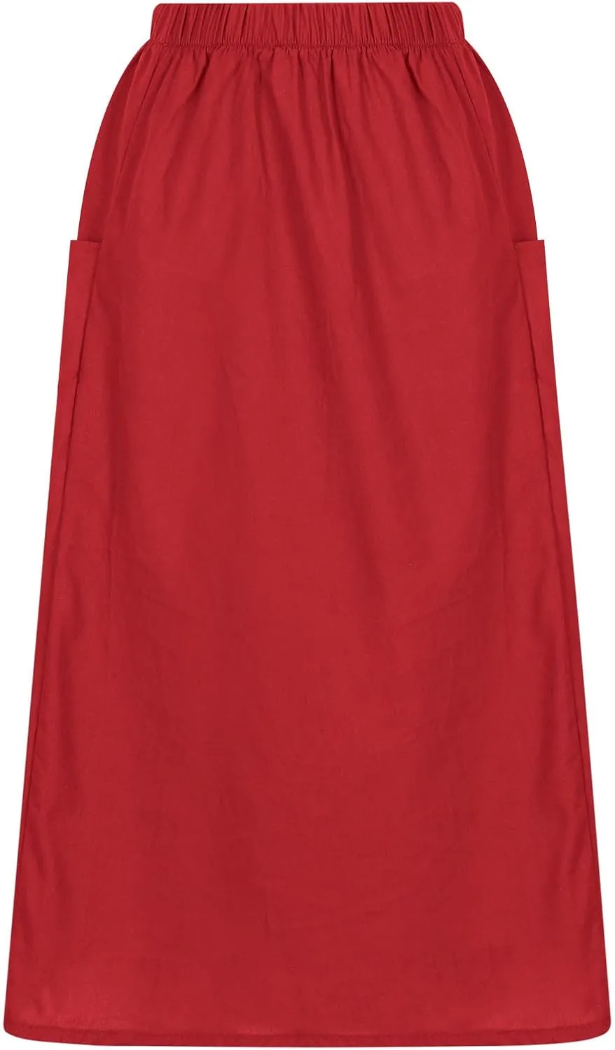 Women's Casual Linen Skirts Elastic Waist Midi Skirts A Line Pleated Skirts with Pockets Beach Flowy Boho Skirts