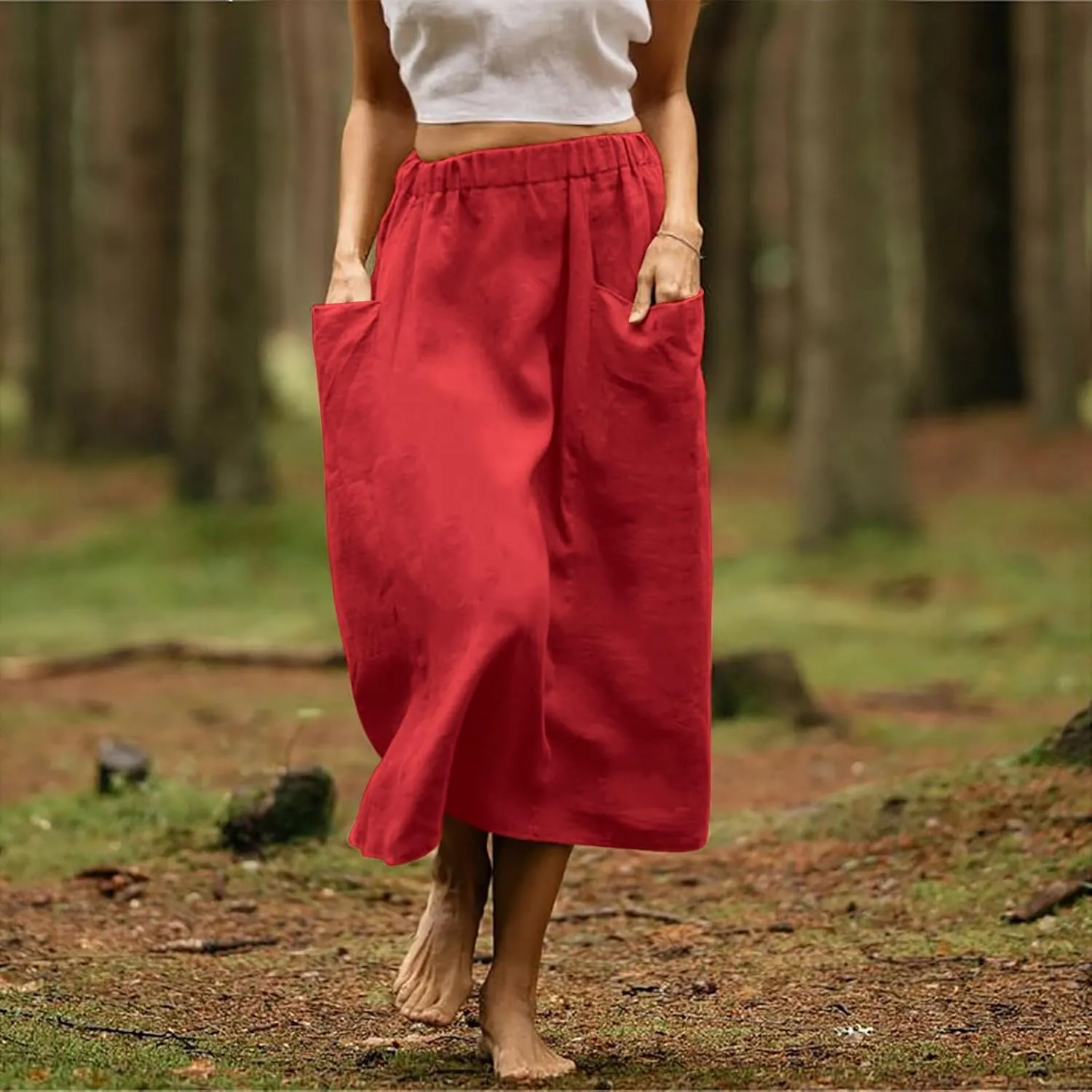 Women's Casual Linen Skirts Elastic Waist Midi Skirts A Line Pleated Skirts with Pockets Beach Flowy Boho Skirts