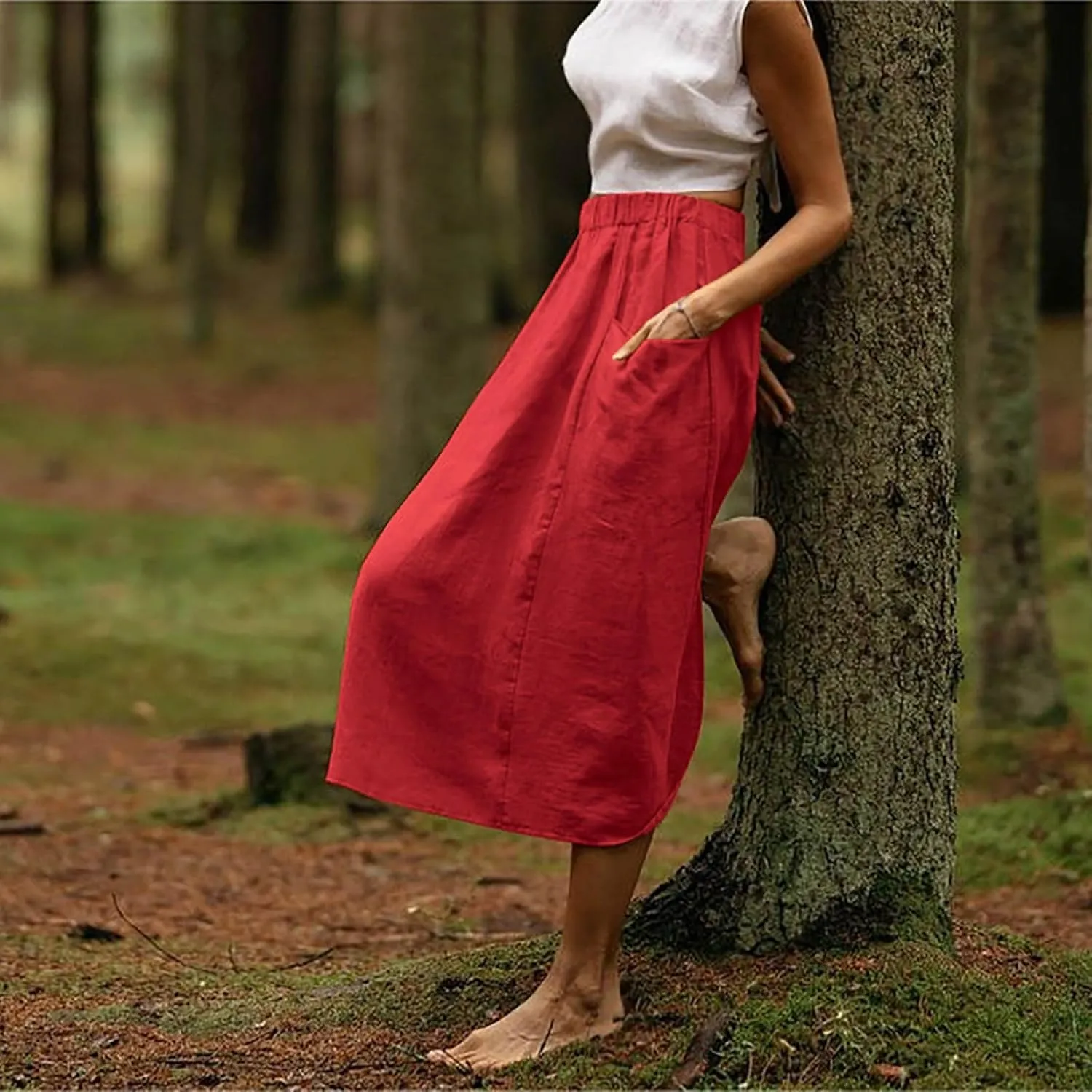 Women's Casual Linen Skirts Elastic Waist Midi Skirts A Line Pleated Skirts with Pockets Beach Flowy Boho Skirts