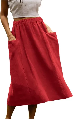 Women's Casual Linen Skirts Elastic Waist Midi Skirts A Line Pleated Skirts with Pockets Beach Flowy Boho Skirts