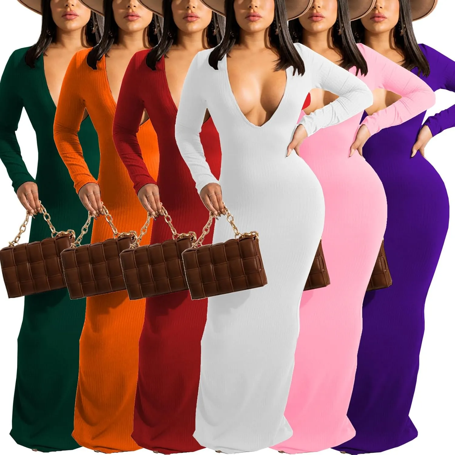 Women's Casual Long Sleeves Bodycon Maxi Dress Plus Size Sexy Deep V Neck Club Night Party Sweater Ribbed Long Dresses