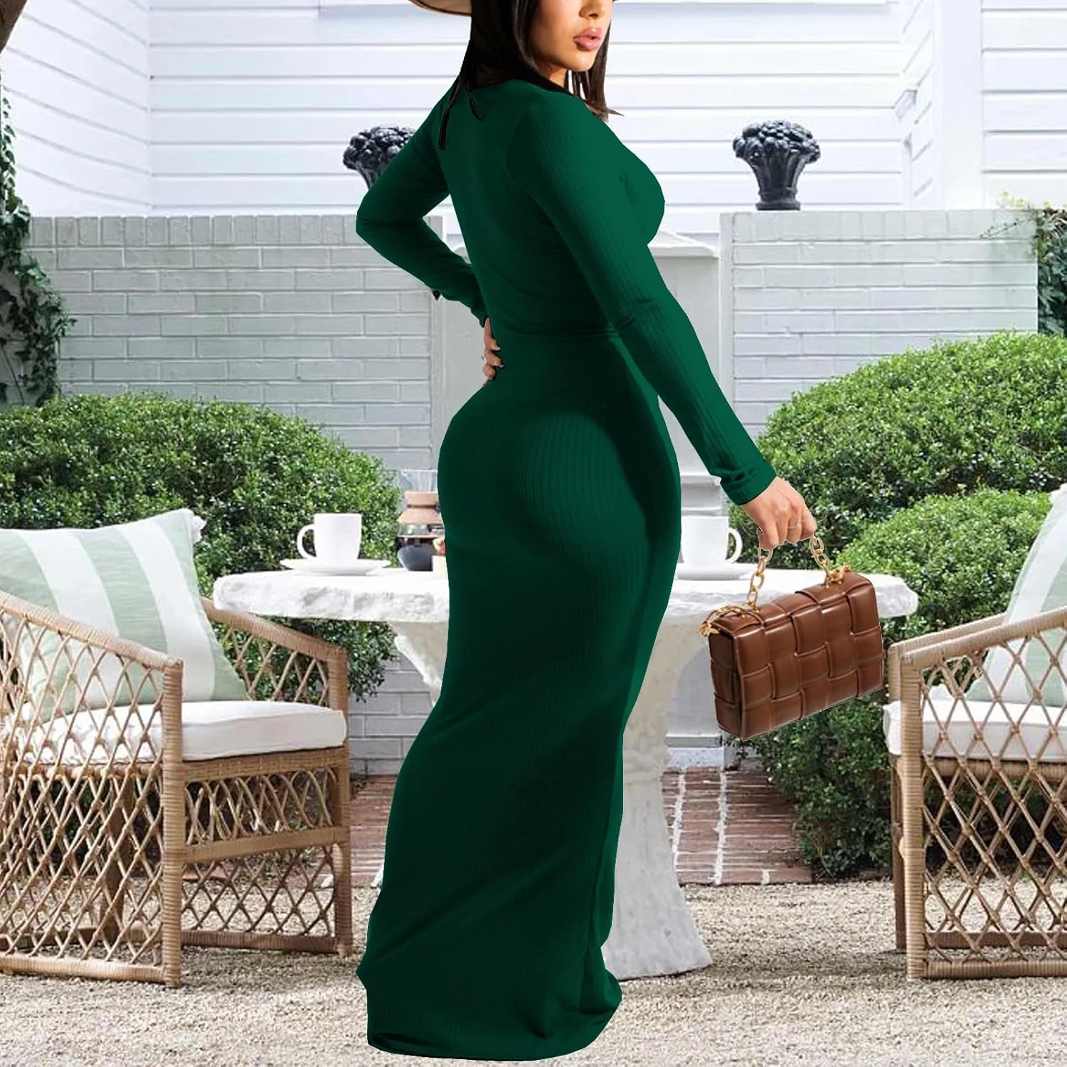 Women's Casual Long Sleeves Bodycon Maxi Dress Plus Size Sexy Deep V Neck Club Night Party Sweater Ribbed Long Dresses