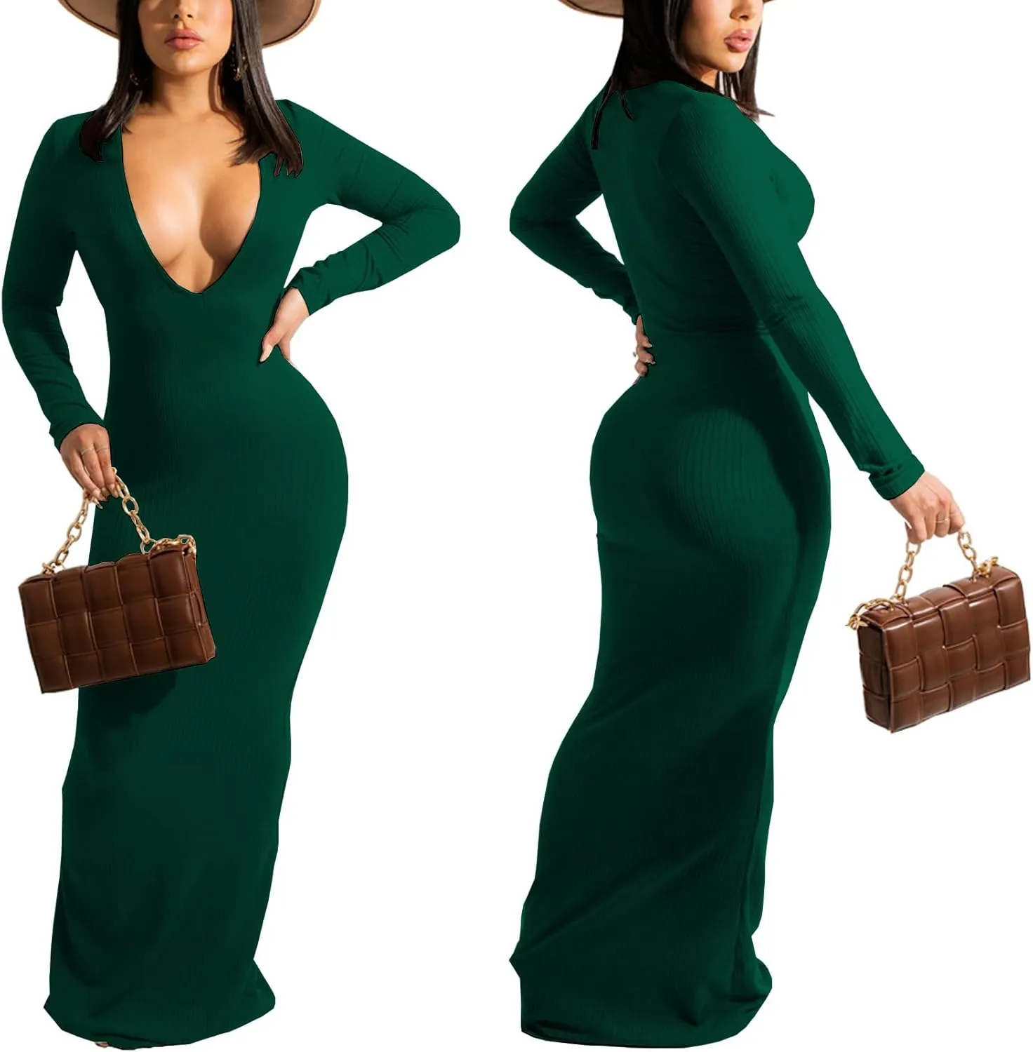 Women's Casual Long Sleeves Bodycon Maxi Dress Plus Size Sexy Deep V Neck Club Night Party Sweater Ribbed Long Dresses