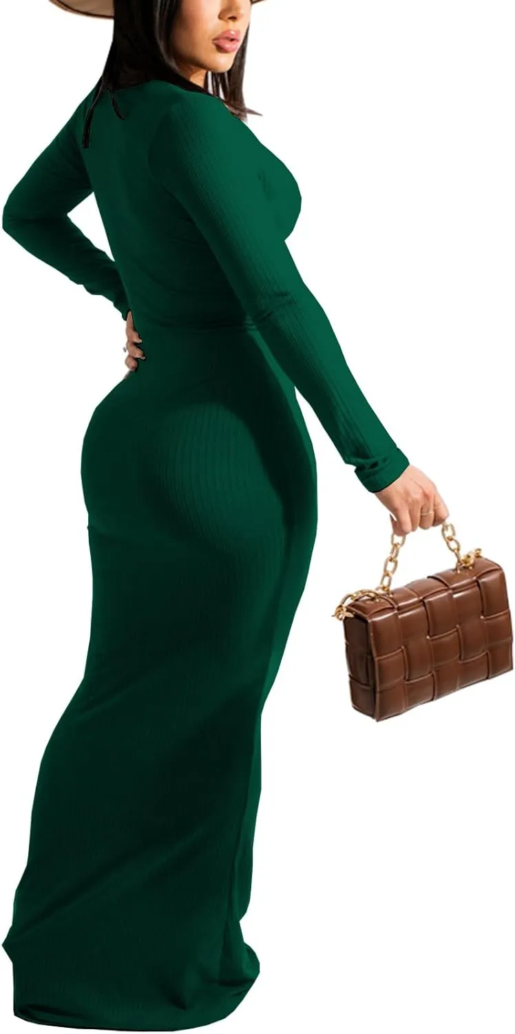Women's Casual Long Sleeves Bodycon Maxi Dress Plus Size Sexy Deep V Neck Club Night Party Sweater Ribbed Long Dresses