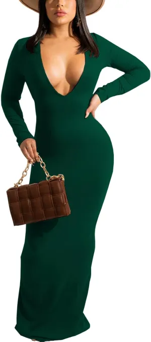 Women's Casual Long Sleeves Bodycon Maxi Dress Plus Size Sexy Deep V Neck Club Night Party Sweater Ribbed Long Dresses