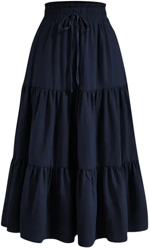 Women's Casual Skirts Summer Boho Flowy Midi Skirt A Line Pleated Long Skirts Tiered Elastic High Waisted Skirt
