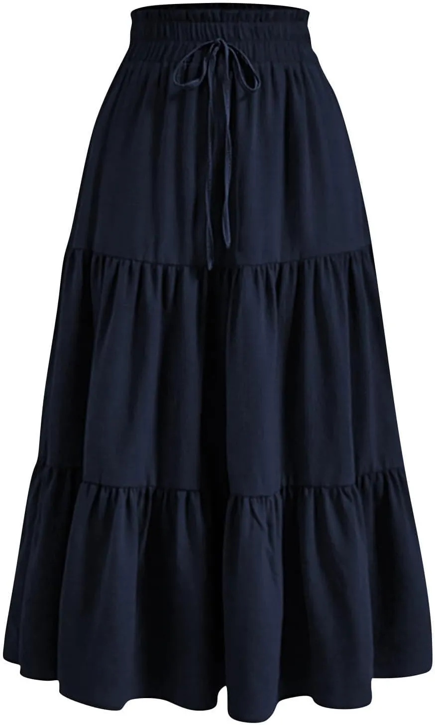 Women's Casual Skirts Summer Boho Flowy Midi Skirt A Line Pleated Long Skirts Tiered Elastic High Waisted Skirt