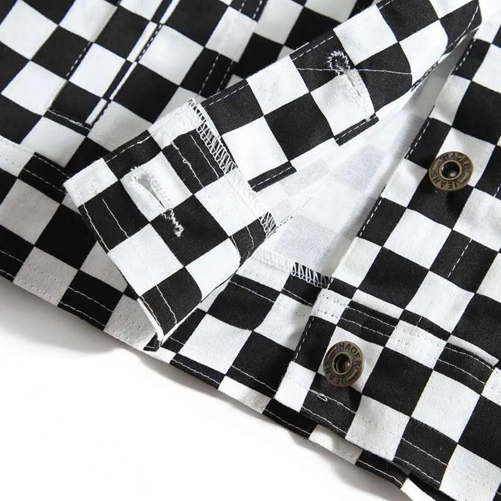 Womens Classic Button Down Long Sleeve Checkerboard Plaid Cropped Jacket with Pockets