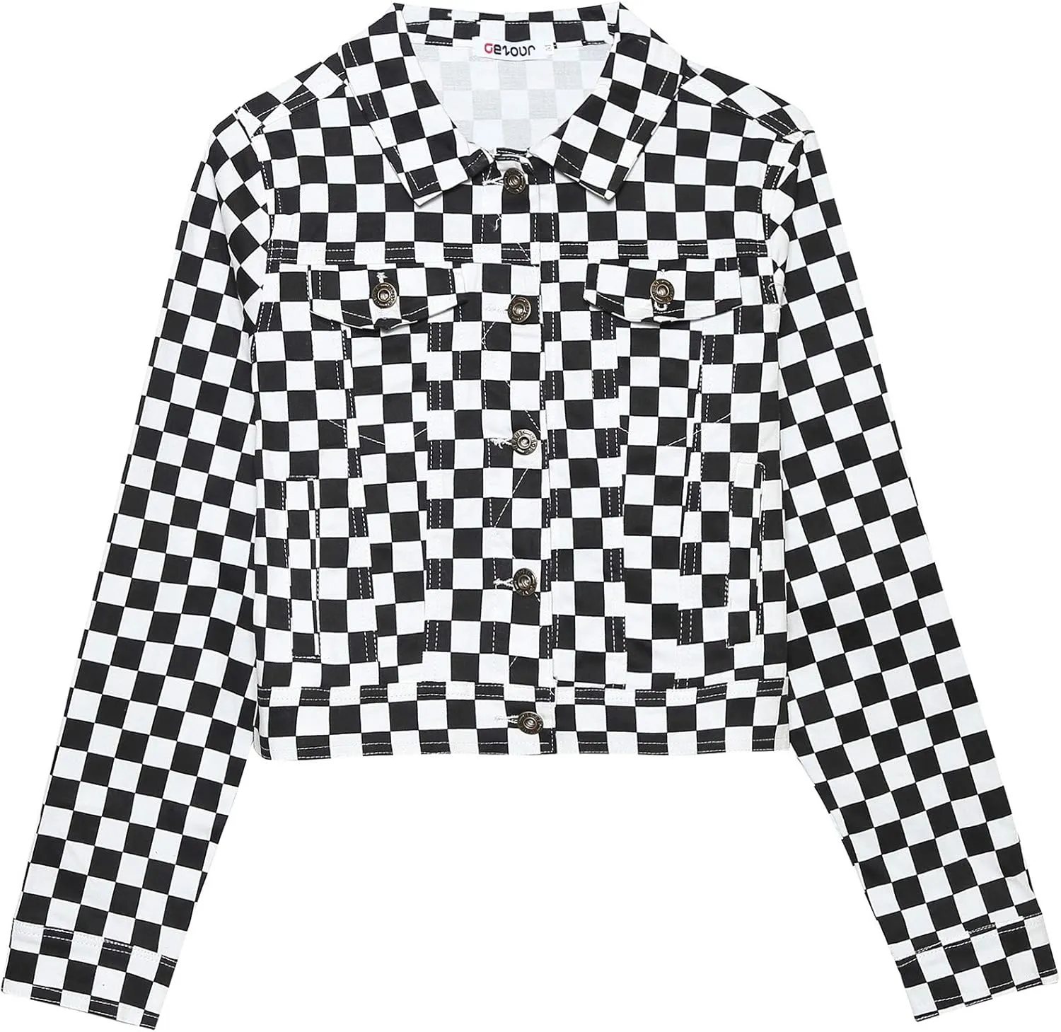 Womens Classic Button Down Long Sleeve Checkerboard Plaid Cropped Jacket with Pockets