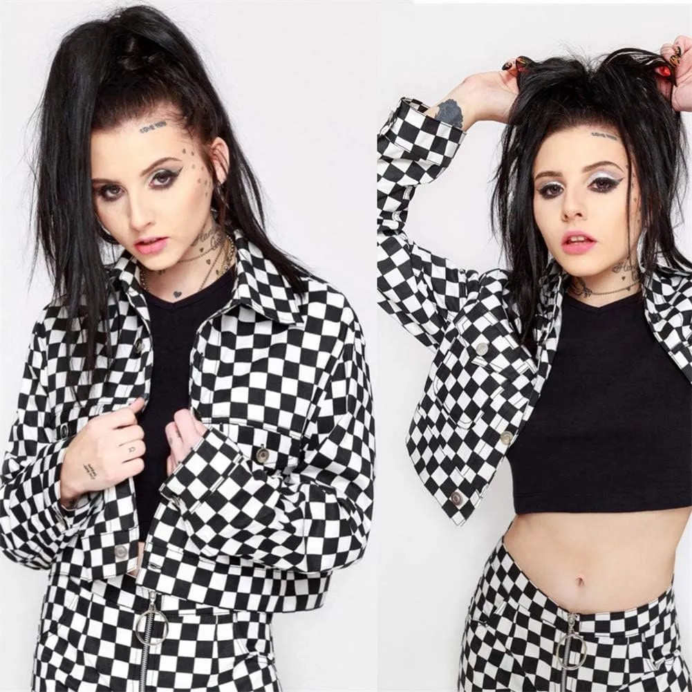 Womens Classic Button Down Long Sleeve Checkerboard Plaid Cropped Jacket with Pockets