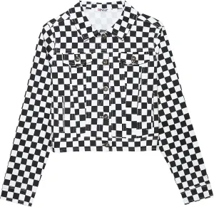 Womens Classic Button Down Long Sleeve Checkerboard Plaid Cropped Jacket with Pockets