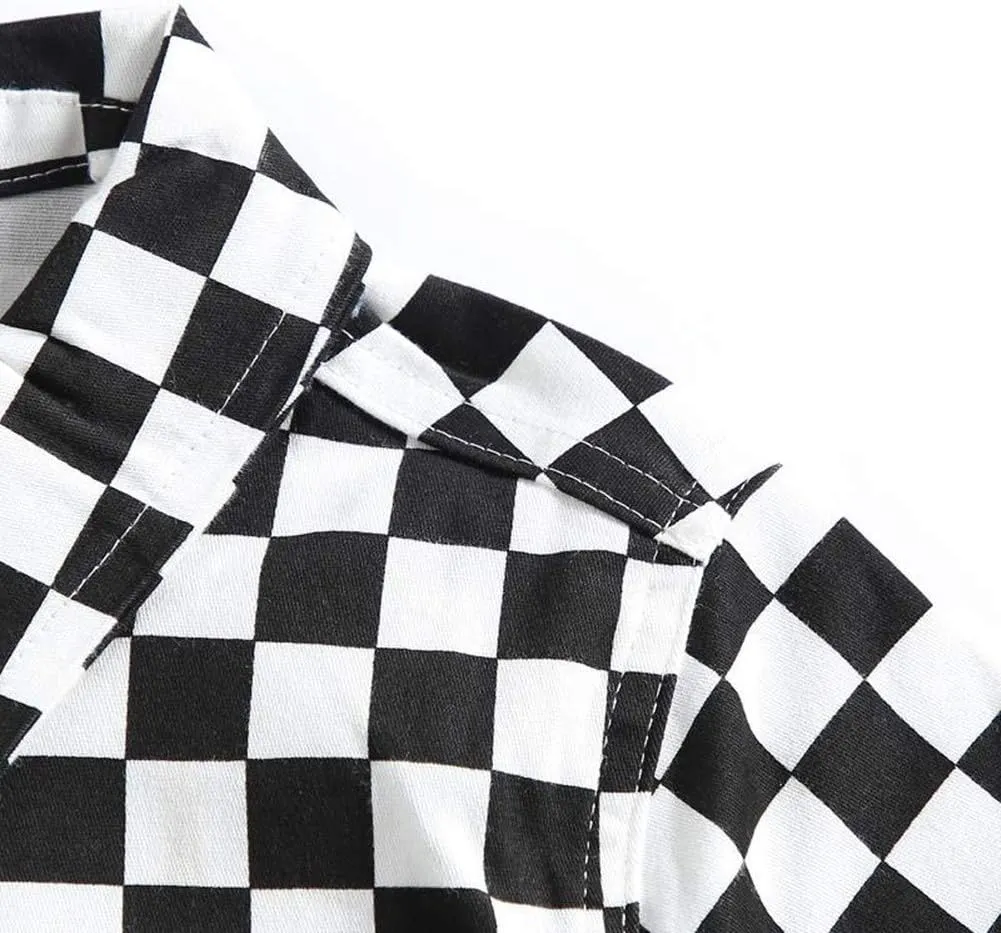 Womens Classic Button Down Long Sleeve Checkerboard Plaid Cropped Jacket with Pockets