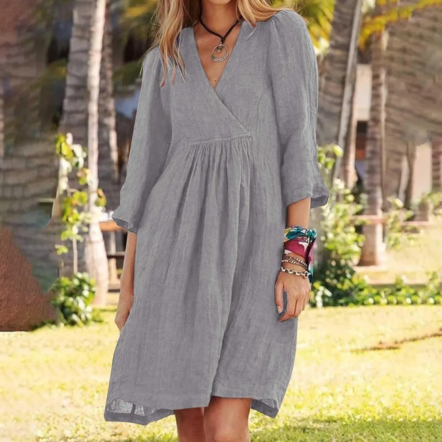 Womens Cotton Linen Midi Dress Summer Solid Color Short Sleeve V-Neck T-Shirt Dresses Plus Size Flowy Beach Dress