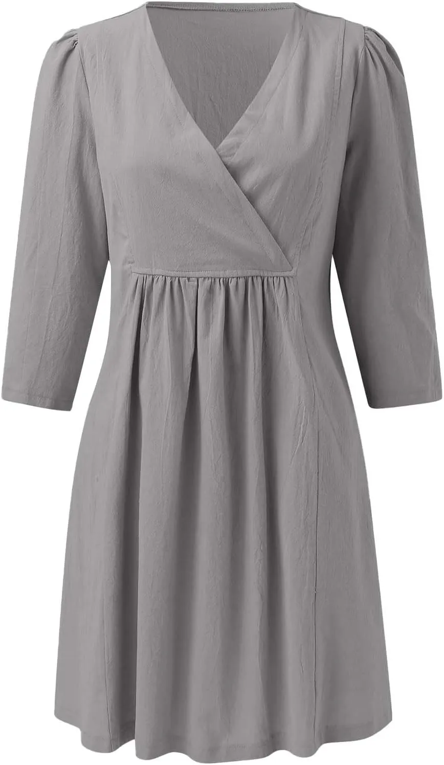 Womens Cotton Linen Midi Dress Summer Solid Color Short Sleeve V-Neck T-Shirt Dresses Plus Size Flowy Beach Dress