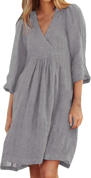Womens Cotton Linen Midi Dress Summer Solid Color Short Sleeve V-Neck T-Shirt Dresses Plus Size Flowy Beach Dress