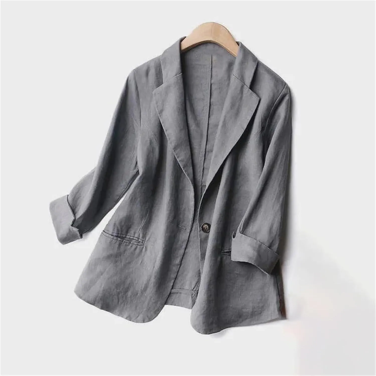 Women's Cotton Linen Three-Quarter Sleeves Suit Blazer  Spring Summer Turn-Down Collar Pockets Casual Jacket