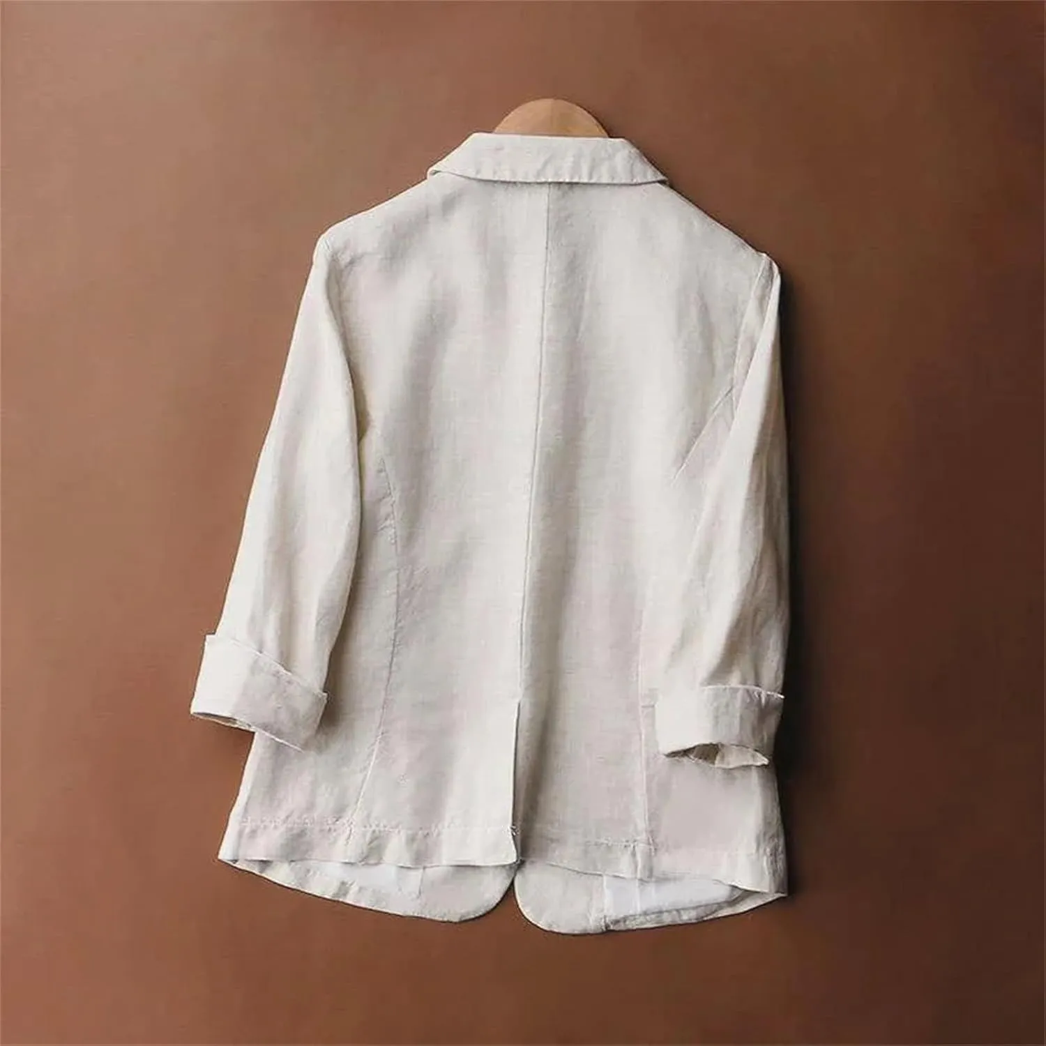 Women's Cotton Linen Three-Quarter Sleeves Suit Blazer  Spring Summer Turn-Down Collar Pockets Casual Jacket