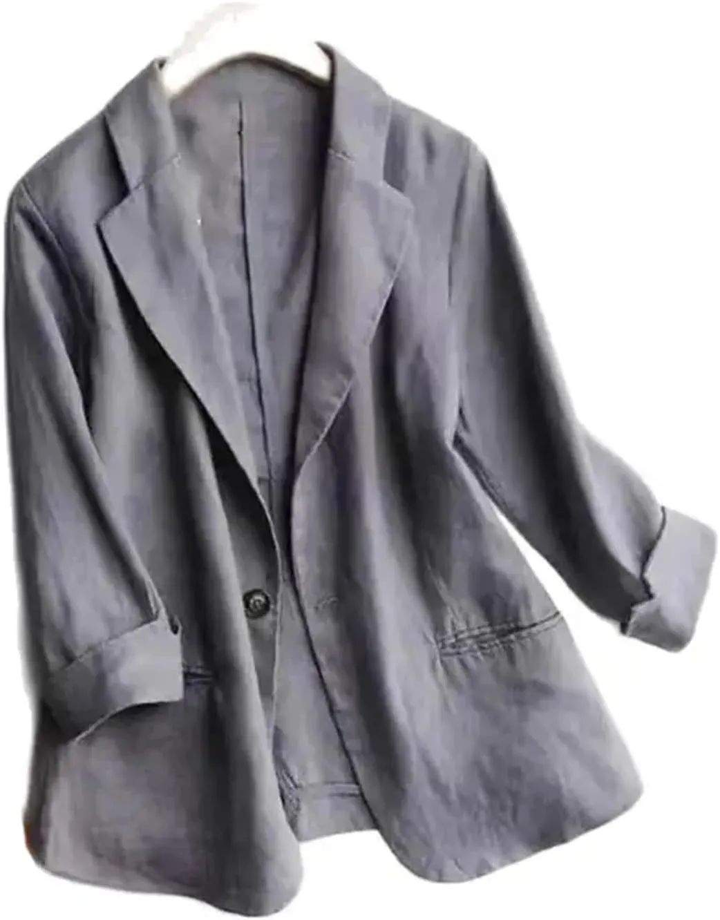Women's Cotton Linen Three-Quarter Sleeves Suit Blazer  Spring Summer Turn-Down Collar Pockets Casual Jacket