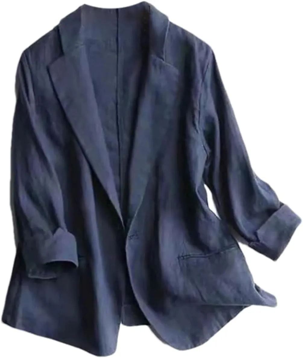 Women's Cotton Linen Three-Quarter Sleeves Suit Blazer  Spring Summer Turn-Down Collar Pockets Casual Jacket