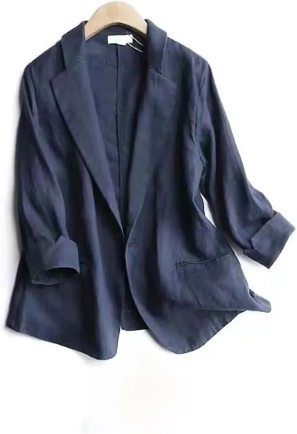 Women's Cotton Linen Three-Quarter Sleeves Suit Blazer  Spring Summer Turn-Down Collar Pockets Casual Jacket
