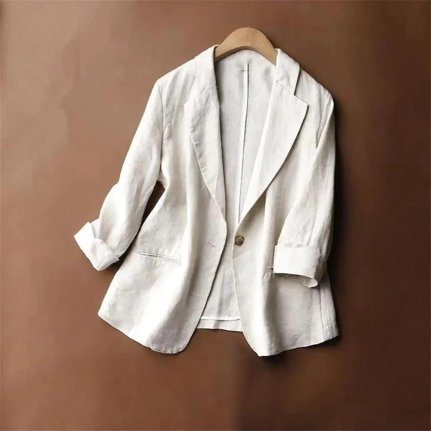 Women's Cotton Linen Three-Quarter Sleeves Suit Blazer  Spring Summer Turn-Down Collar Pockets Casual Jacket