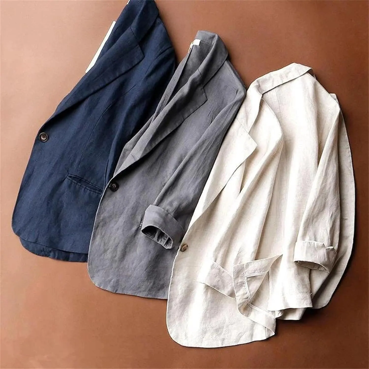 Women's Cotton Linen Three-Quarter Sleeves Suit Blazer  Spring Summer Turn-Down Collar Pockets Casual Jacket