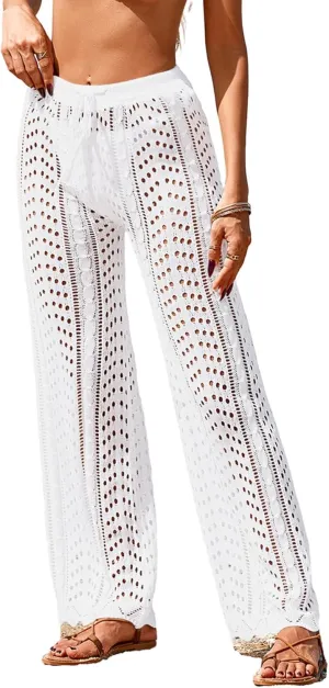 Womens Crochet Elastic Waist Beach Pant Summer 2025 Trendy Wave Hem Hollow Out Bathing Suit Cover Up Flare Pants