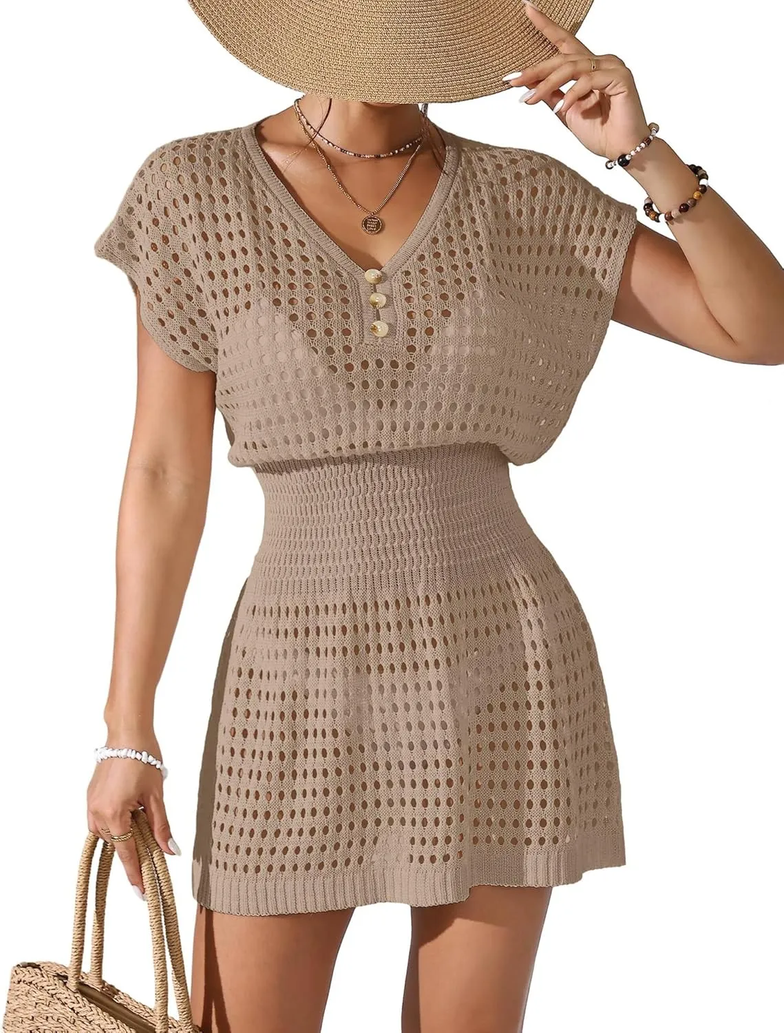Womens Crochet Knit Cinched Waist Beach Coverup Dress Summer 2025 V Neck Button Cap Sleeve Bathing Suit Cover Up