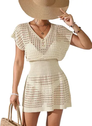 Womens Crochet Knit Cinched Waist Beach Coverup Dress Summer 2025 V Neck Button Cap Sleeve Bathing Suit Cover Up
