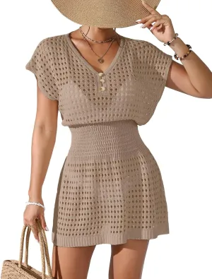 Womens Crochet Knit Cinched Waist Beach Coverup Dress Summer 2025 V Neck Button Cap Sleeve Bathing Suit Cover Up